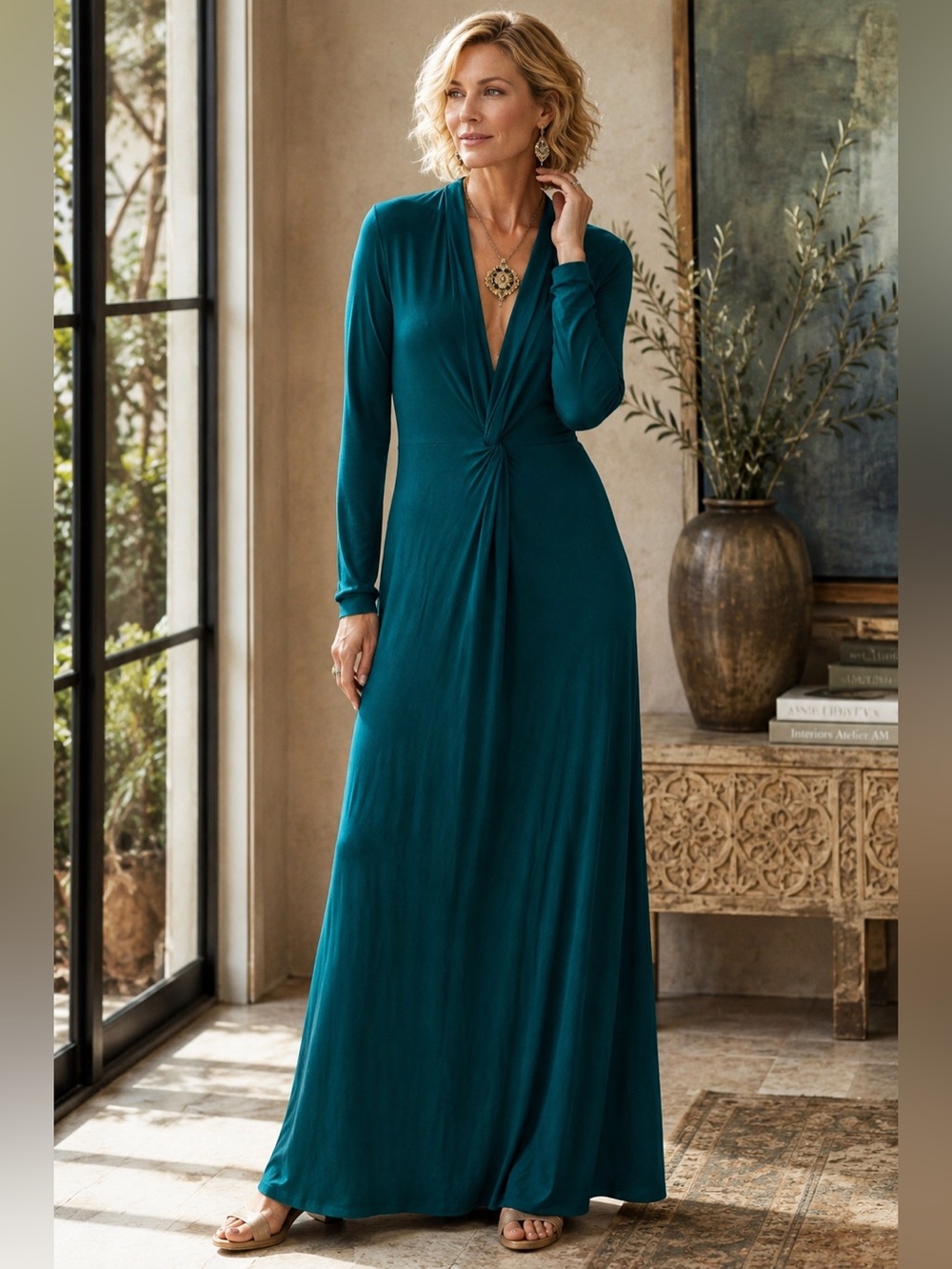 Soft Surroundings Peacock Teal Twist Front Maxi Dress Grecian Goddess Med NWOT